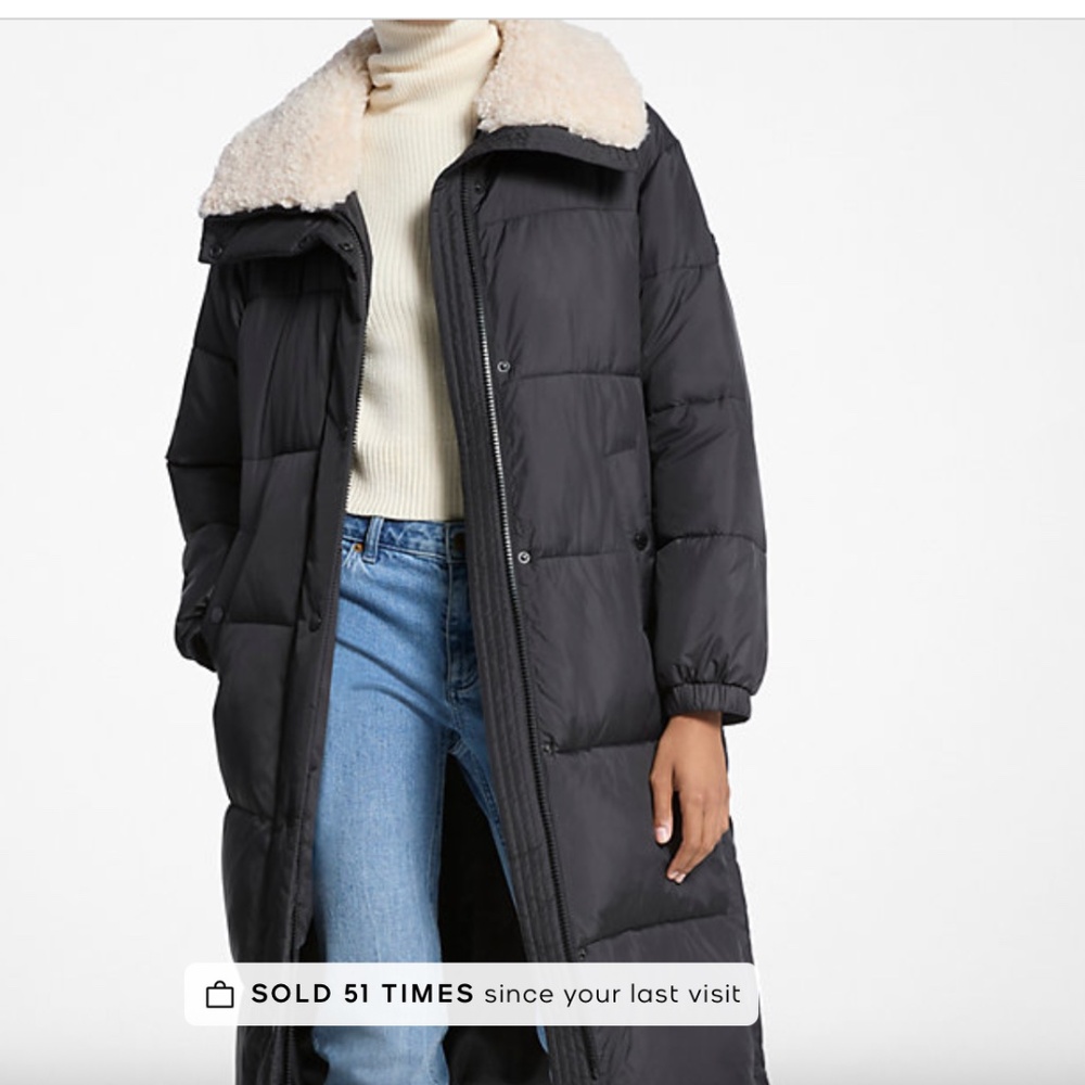 Michael Kors Long Black or White Puffer Coat Faux Sherpa Fur Collar Womens Small